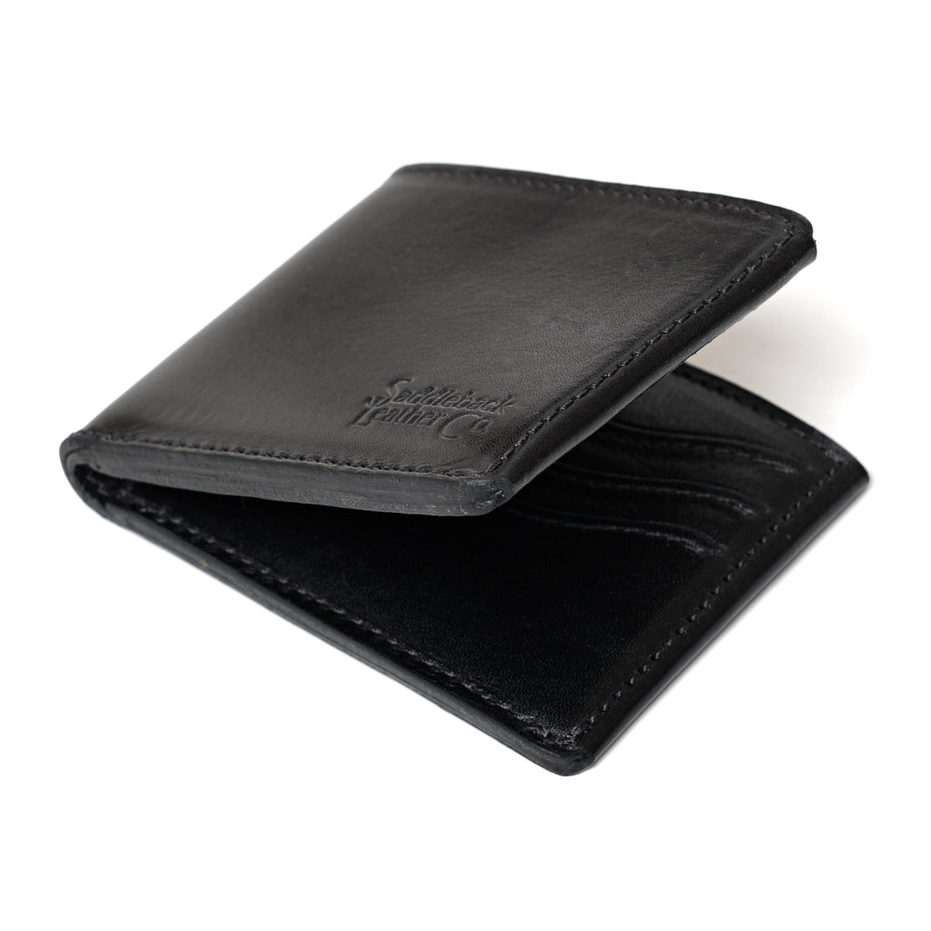 William Penn Bifold Wallet in Raven Black, partly open side view showing the stitched edges