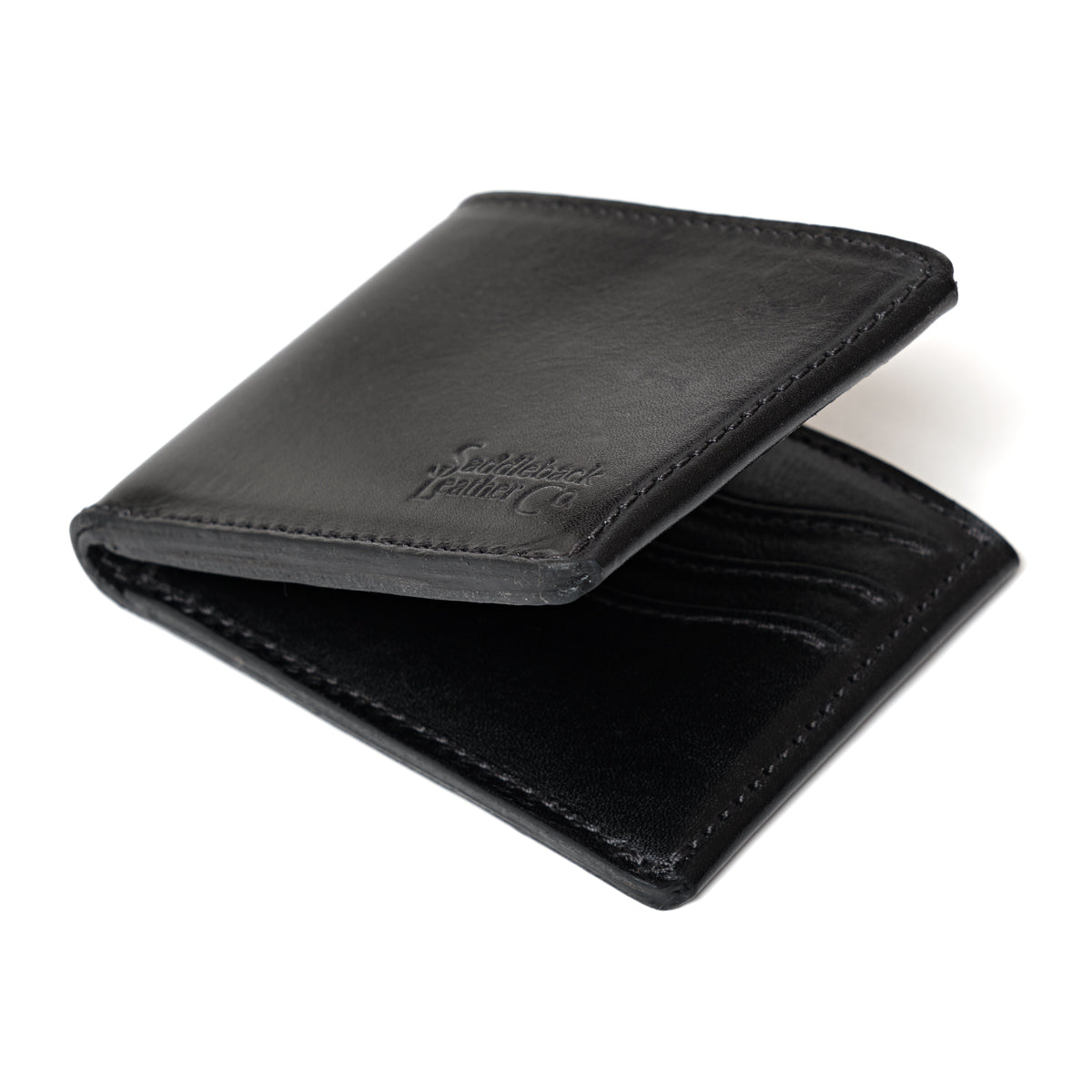 William Penn Bifold Wallet in Raven Black, partly open side view showing the stitched edges