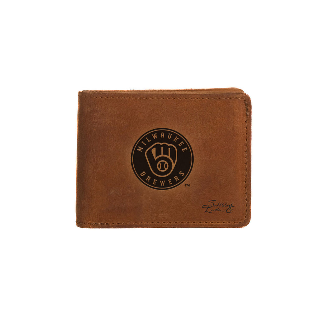 Leather Bifold Wallet in Tobacco with embossed Milwaukee Brewers ball-in-glove logo, closed front view