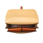 Livingstone Briefcase in English Tan, top-down view with flap open showing the tan lining and inner pockets