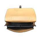 Livingstone Briefcase in Raven Black, top-down view with flap open showing the tan lining and inner pockets