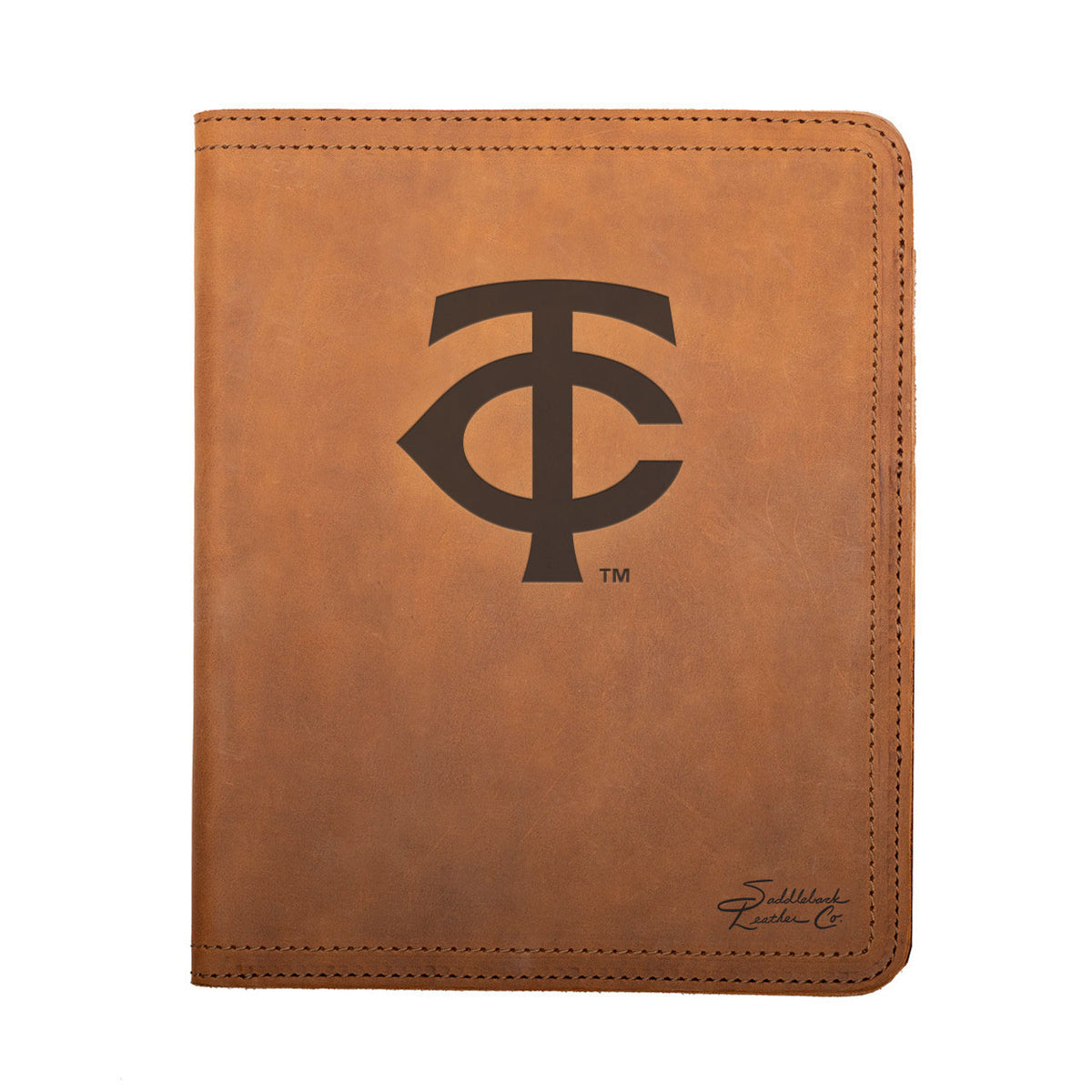 Leather Portfolio - Minnesota Twins in Tobacco, closed, front view with TC logo and stitched edges