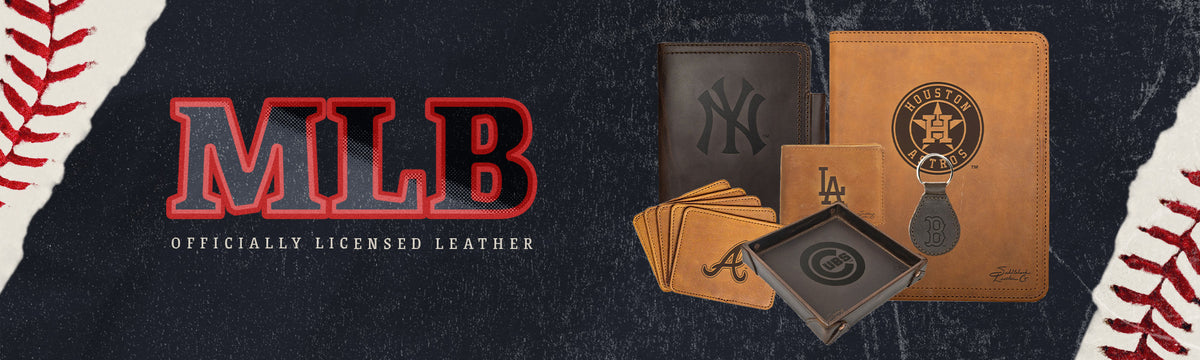 MLB — officially licensed leather. A Yankees portfolio, an Astros notepad holder, a Dodgers wallet, Braves coasters, a Cubs valet tray and a Red Sox key fob.