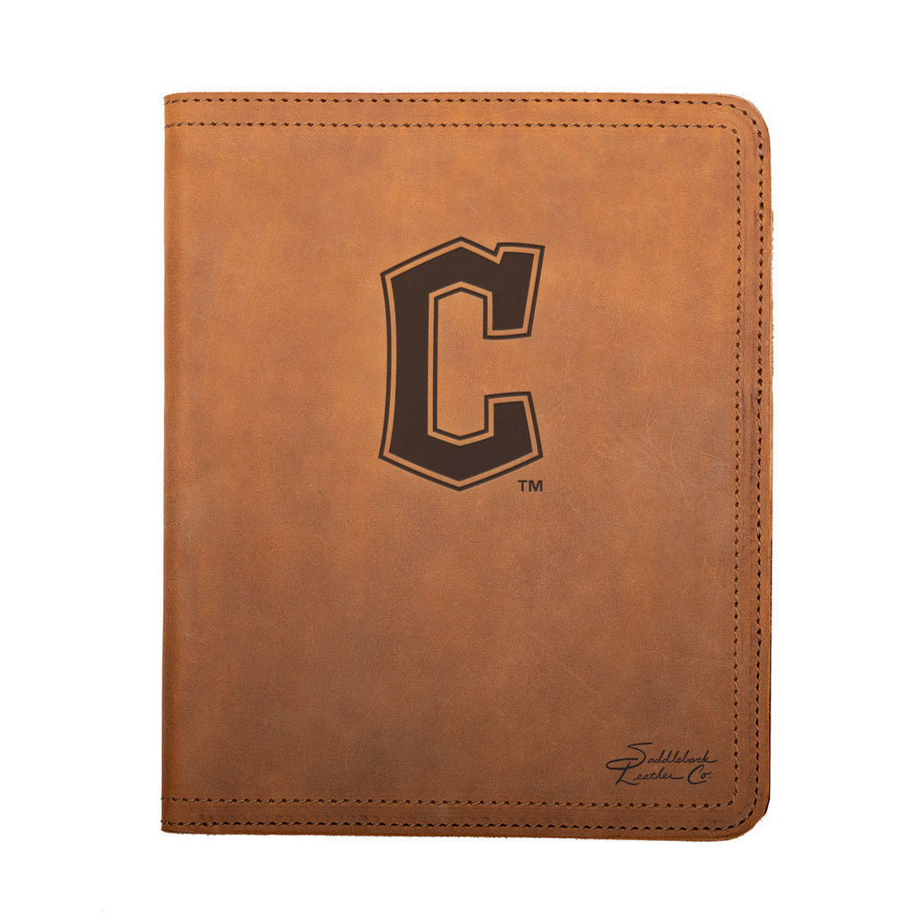 Leather Portfolio - Cleveland Guardians in Tobacco, closed, front view with C logo and stitched edges
