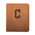 Leather Portfolio - Cleveland Guardians in Tobacco, closed, front view with C logo and stitched edges