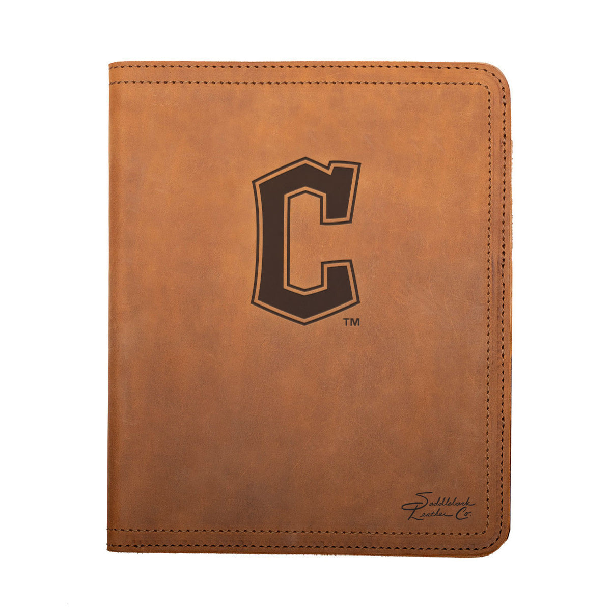 Leather Portfolio - Cleveland Guardians in Tobacco, closed, front view with C logo and stitched edges