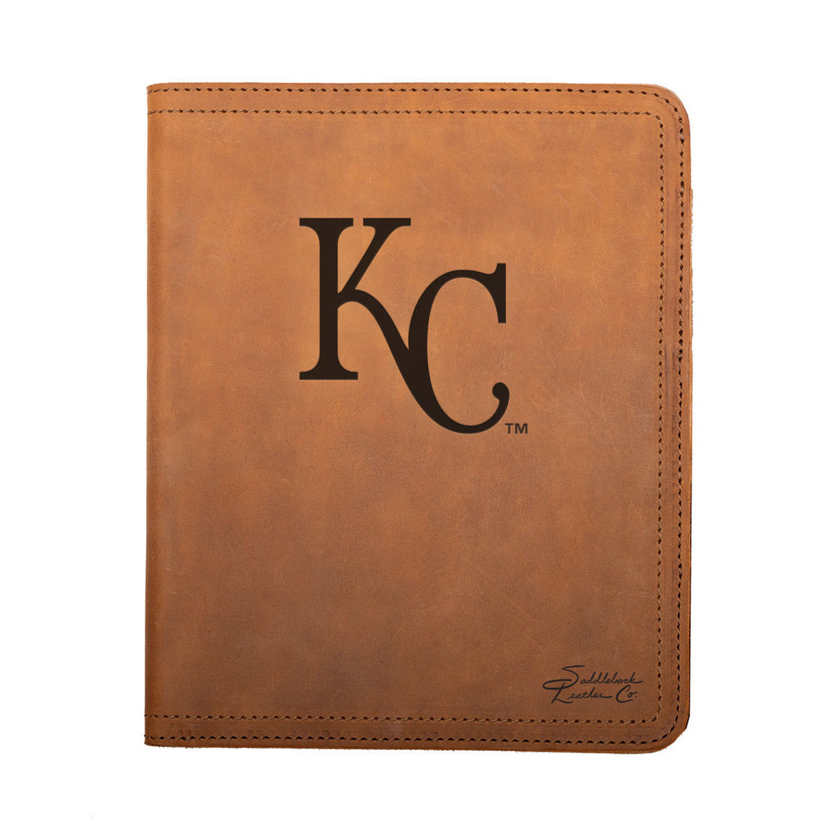 Leather Portfolio - Kansas City Royals in Tobacco, closed, front view with KC logo and stitched edges