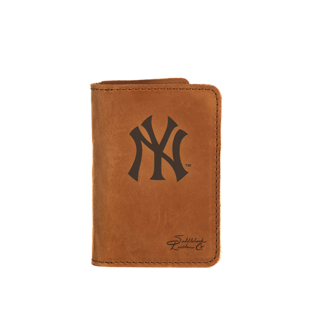 Leather Business Card Holder in Tobacco with embossed New York Yankees NY logo, closed with a card peeking out