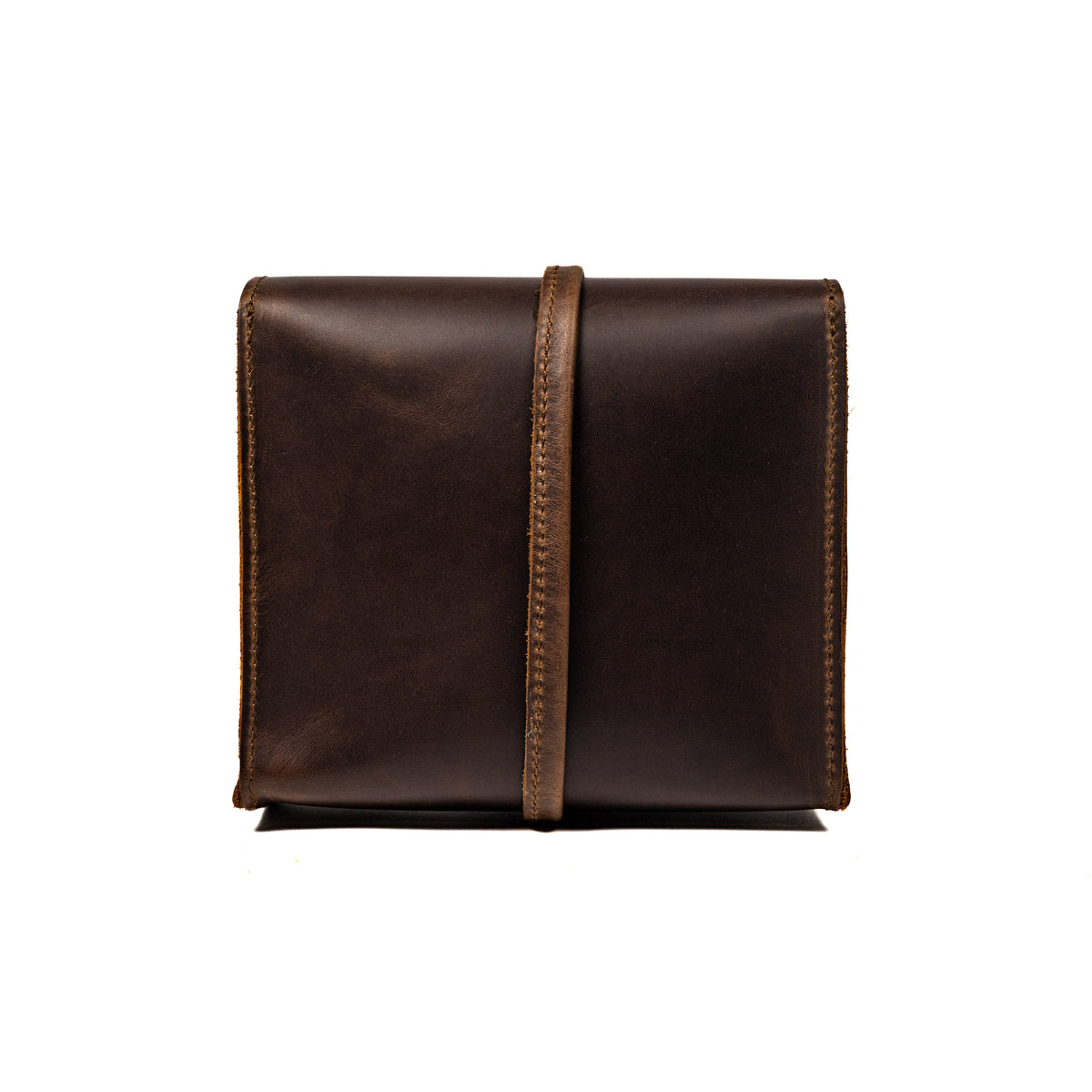 Leather Organizer Bag in Dark Coffee Brown, back view showing the vertical leather strap