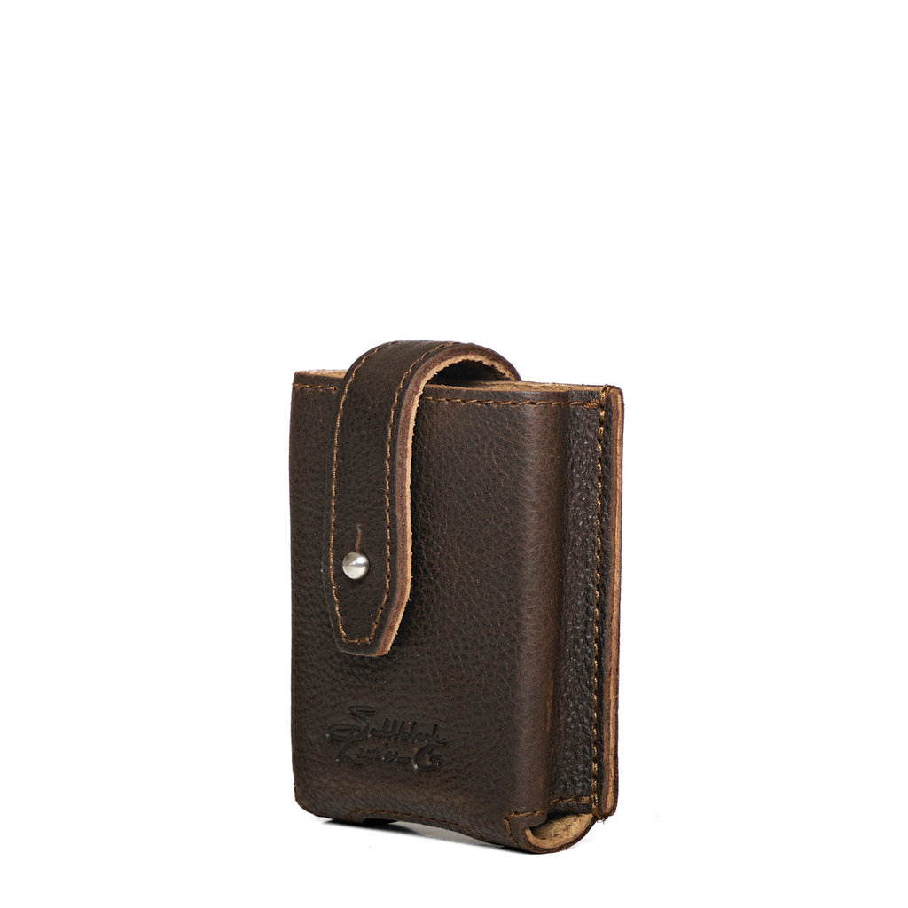 Leather Playing Cards Case in dark brown, closed front view with snap flap and embossed logo
