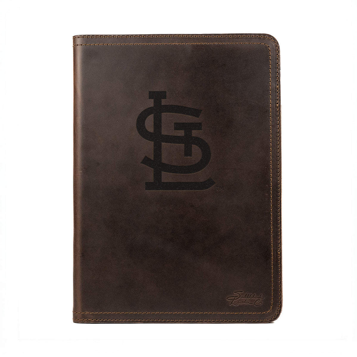 Leather Portfolio - St. Louis Cardinals in Dark Coffee Brown, closed, front view with STL logo and stitched edges