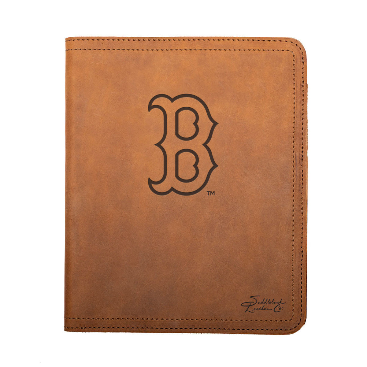 Leather Portfolio - Boston Red Sox in Tobacco, closed, front view with B logo and stitched edges