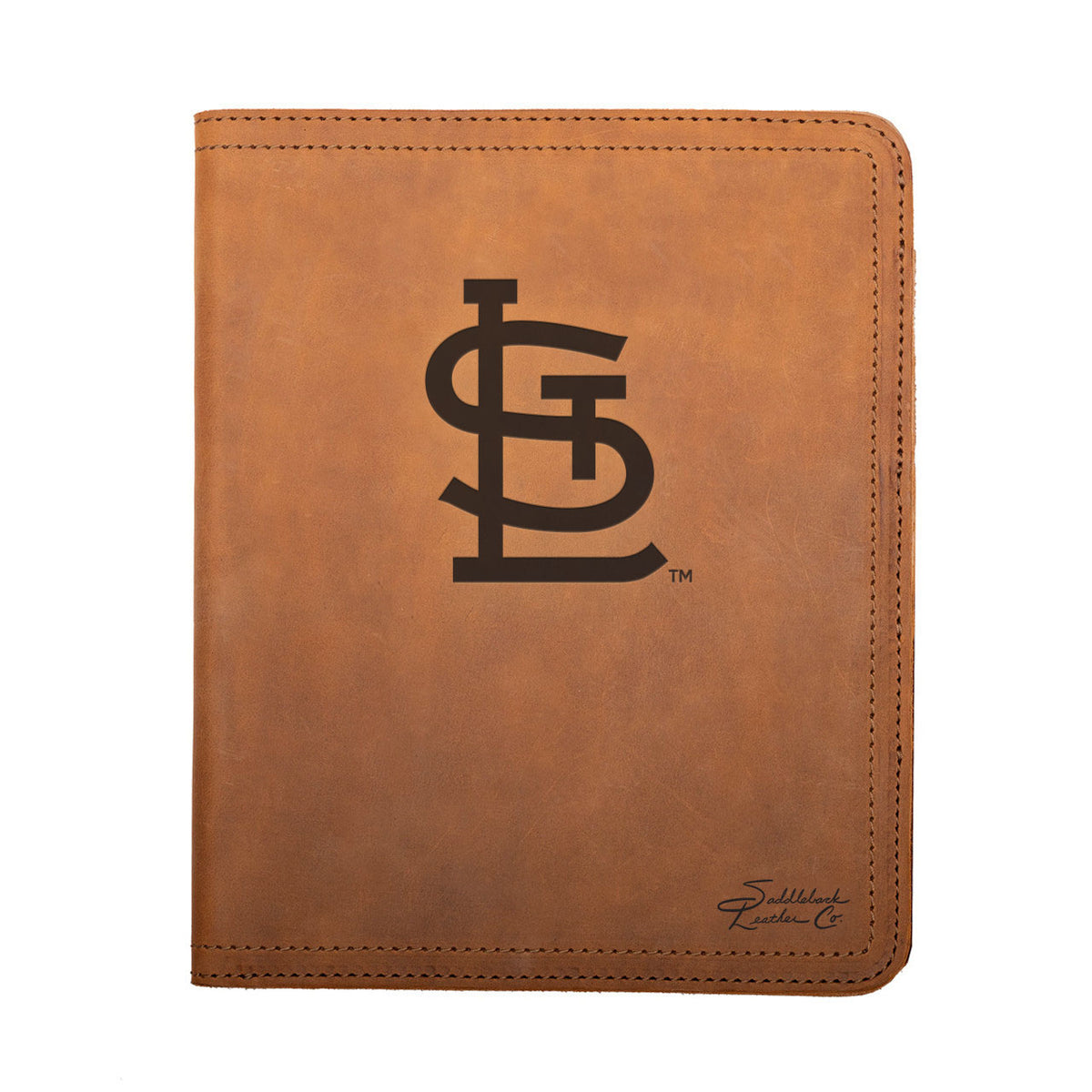 Leather Portfolio - St. Louis Cardinals in Tobacco, closed, front view with STL logo and stitched edges