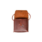 Leather Organizer Bag in Chestnut with the flap lifted to show the metal ring and embossed logo