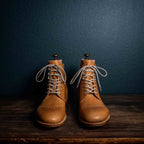 Officer's Boot in English Tan, front view of the pair with light laces and shoe trees
