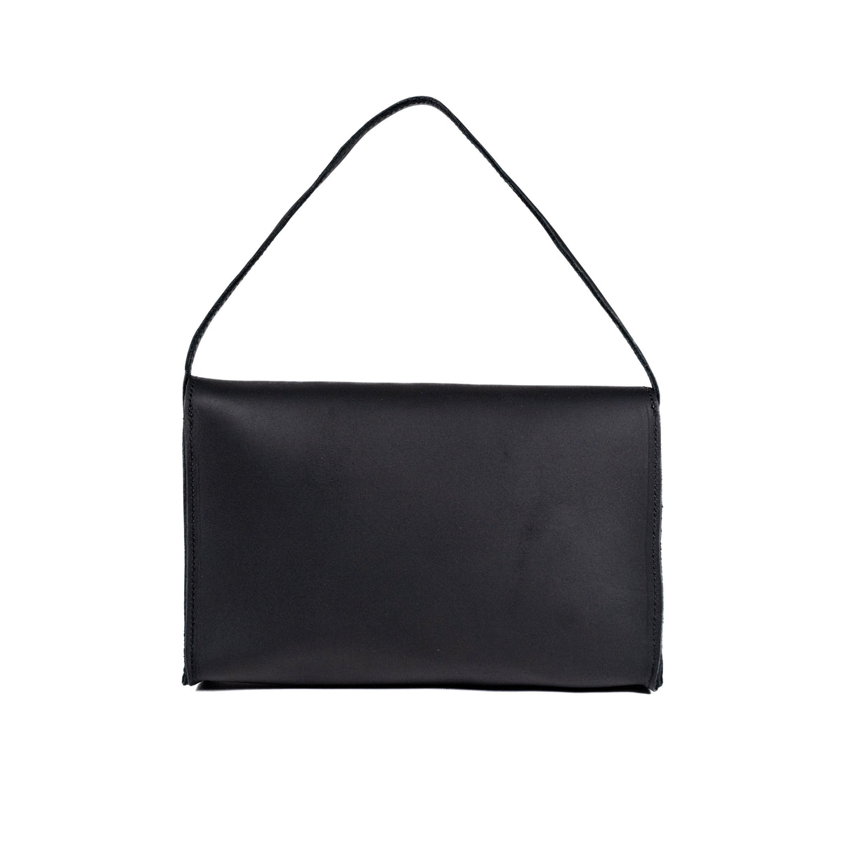 Large Leather Organizer Bag in Black, back view with leather tie looped up as a carry handle