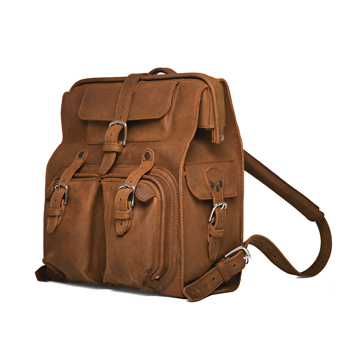 Big Mouth Leather Backpack in Tobacco, angled front view with buckled pockets and shoulder strap