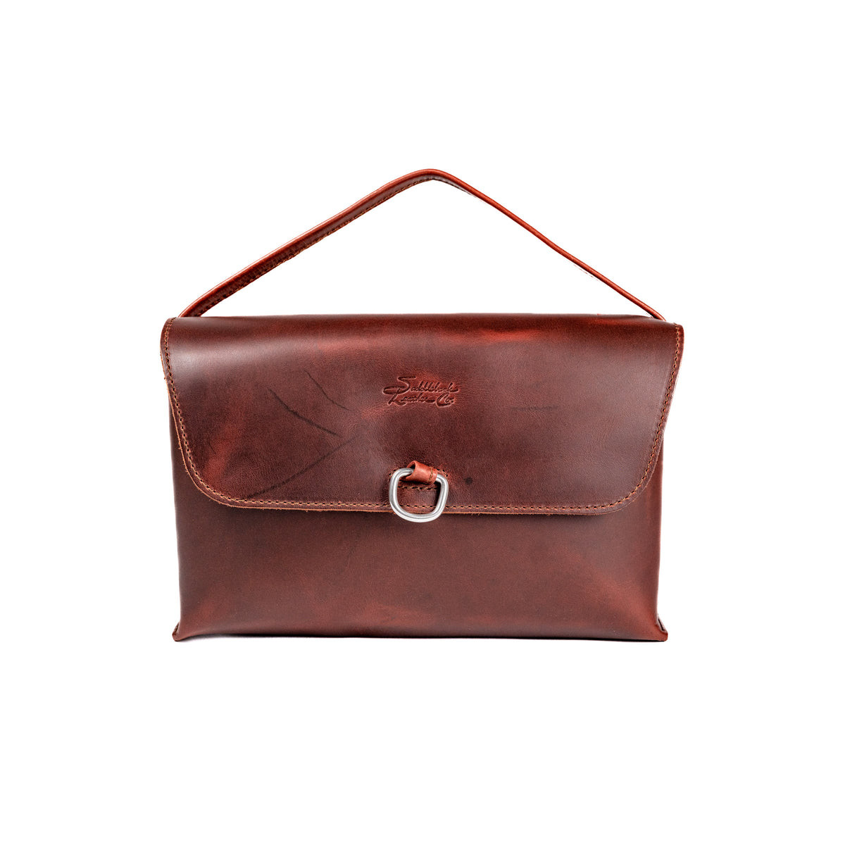 Large Leather Organizer Bag in Chestnut, tie looped up as a carry handle, metal ring on the closed flap