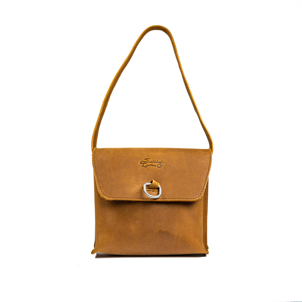 Leather Organizer Bag in Tobacco, front view hanging from its strap with flap and metal ring closure