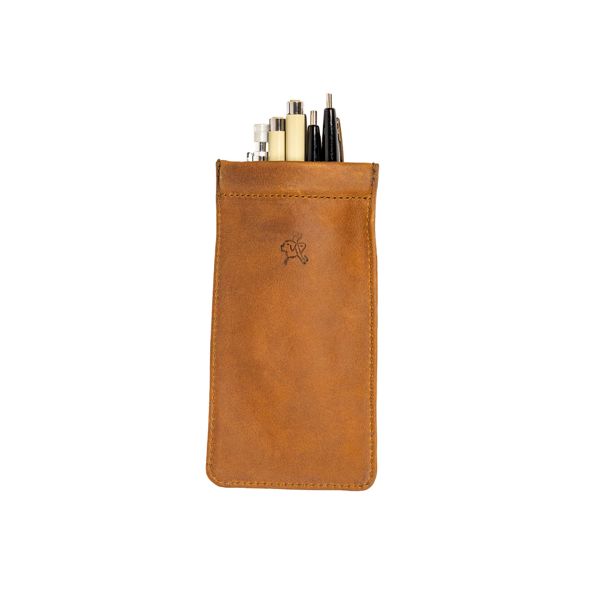 Bear Trap Leather Pen Case in Tobacco, front view with pens poking out and embossed logo
