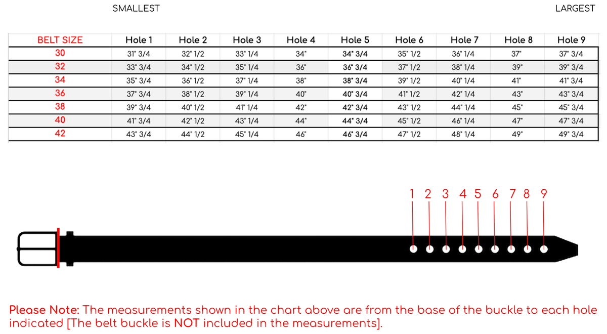 Old Bull Leather Belt size chart showing each hole's distance from the buckle base for sizes 30 to 42