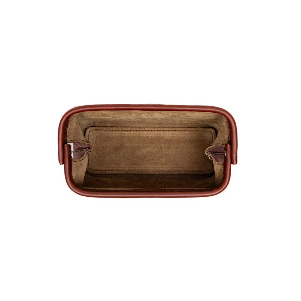 Big Mouth Organizer in Chestnut, top-down view into the wide open mouth showing suede-lined interior