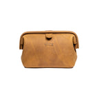 Big Mouth Organizer in Tobacco, wide-mouth leather bag with snap tab and embossed logo, front view