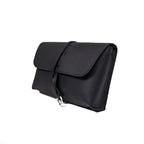 Large Leather Organizer Bag in Black, closed flap with wrapped leather tie and ring, angled view