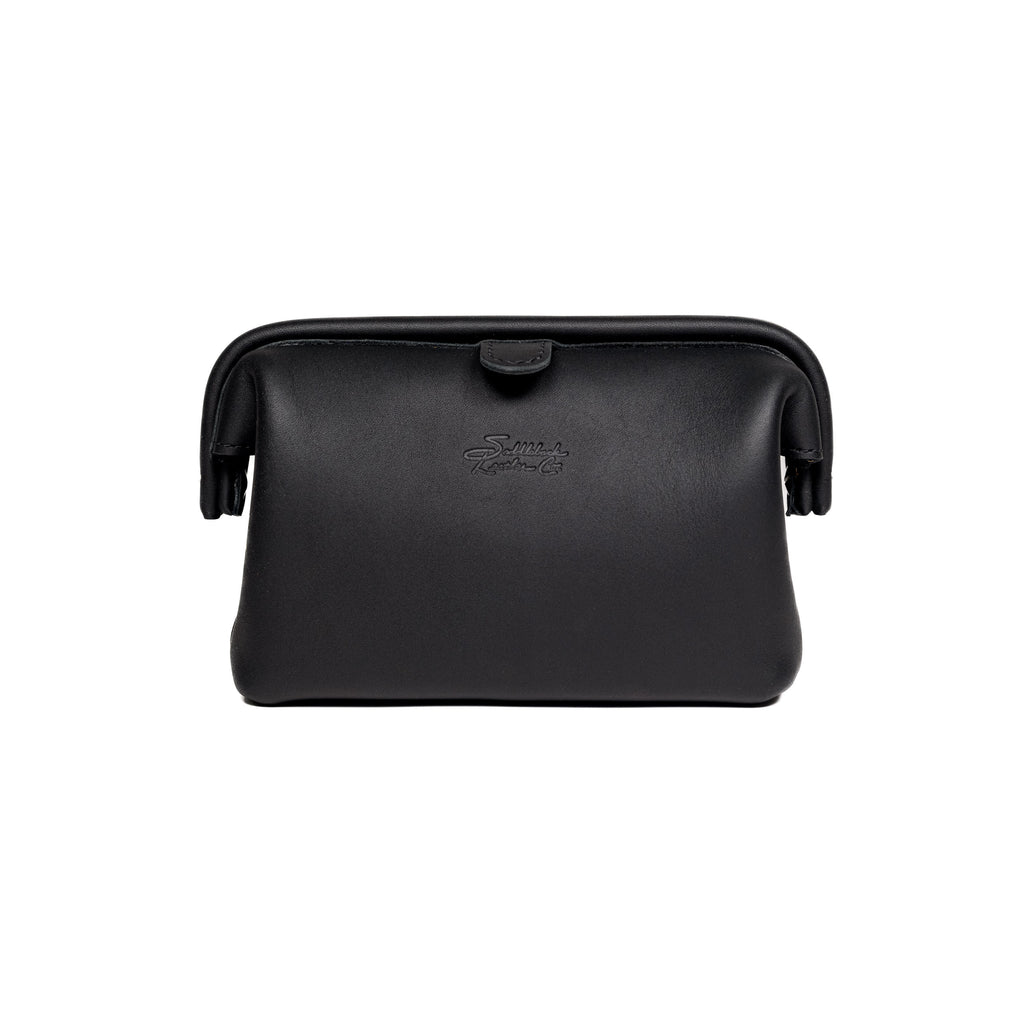 Big Mouth Organizer in Black, wide-mouth leather bag with snap tab and embossed logo, front view