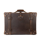 Grandfather Carry On in Dark Coffee Brown, back view with top handle, leather straps and riveted corners