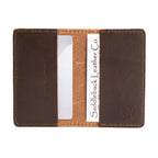 Leather Business Card Holder - Texas Rangers World Series in Dark Coffee Brown, open with business cards in the pockets