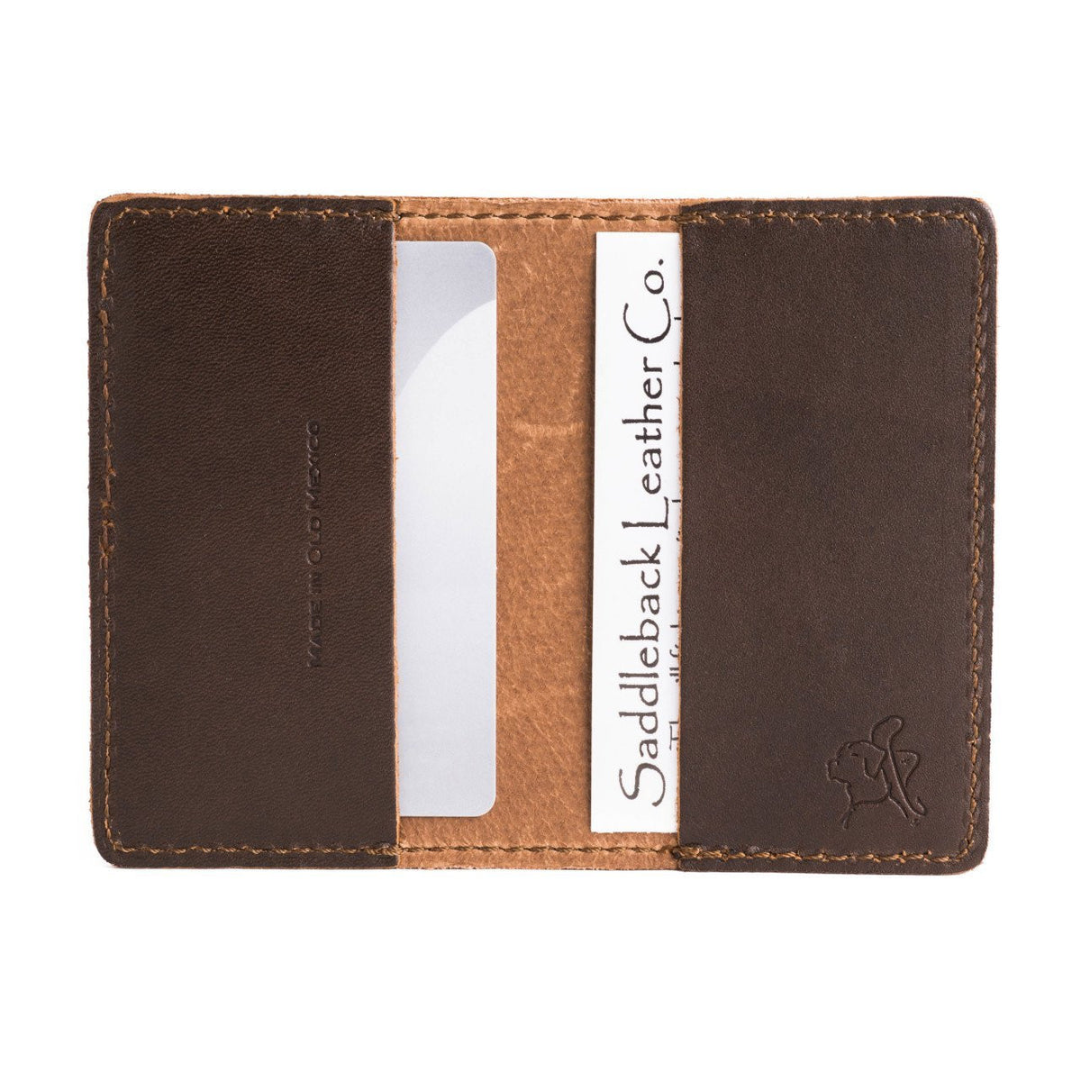 Leather Business Card Holder - Texas Rangers World Series in Dark Coffee Brown, open with business cards in the pockets