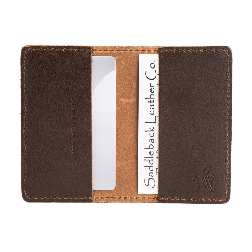 New York Mets Leather Business Card Holder in Dark Coffee Brown opened flat with cards in both inner pockets