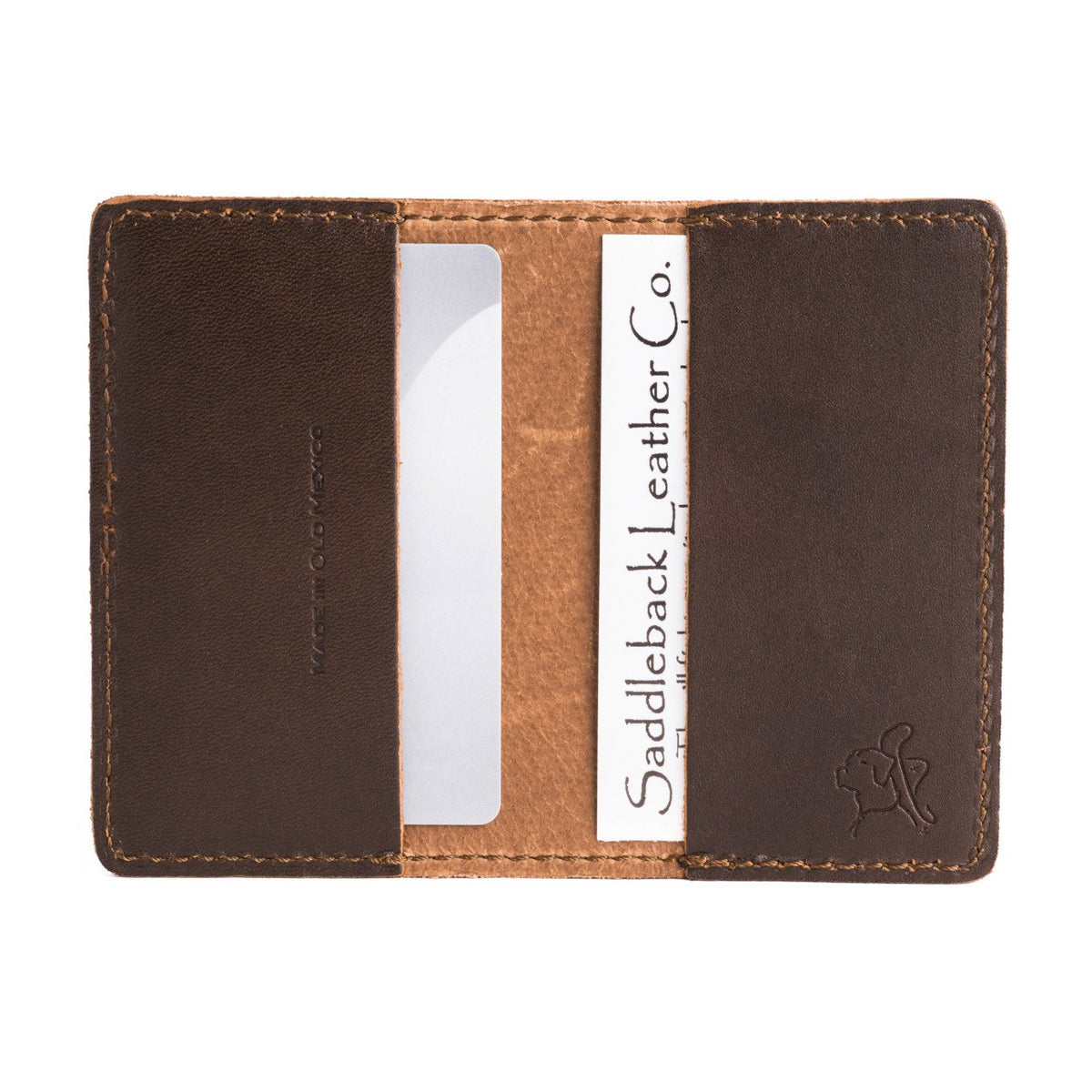 St. Louis Cardinals Leather Business Card Holder in Dark Coffee Brown opened flat with cards in both inner pockets