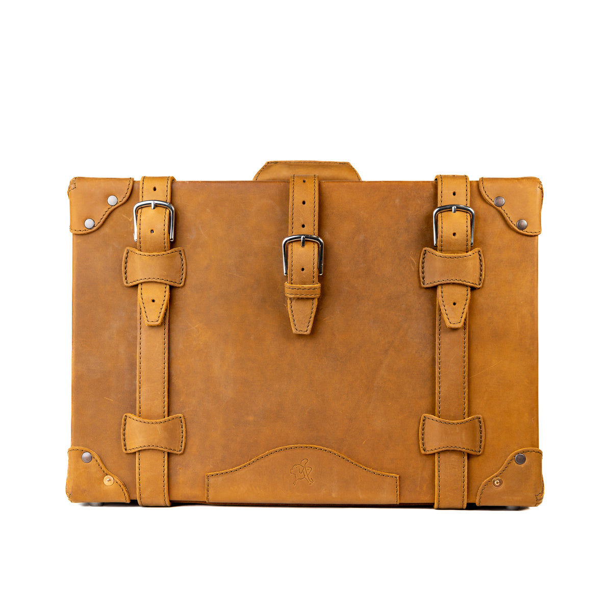 Grandfather Carry On in Tobacco, front view with three buckle straps and riveted corner caps