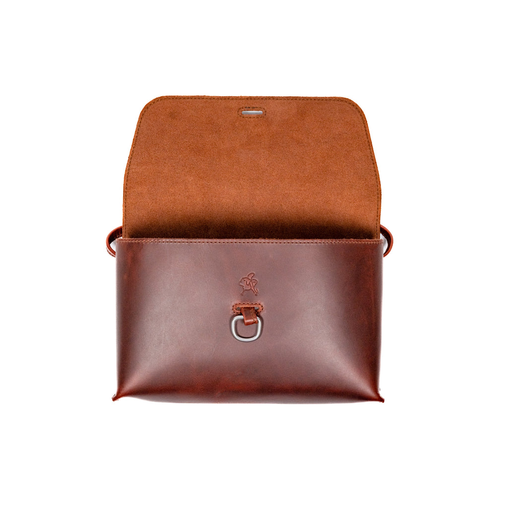 Large Leather Organizer Bag in Chestnut, flap open showing suede underside and metal ring on the front