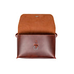 Large Leather Organizer Bag in Chestnut, flap open showing suede underside and metal ring on the front