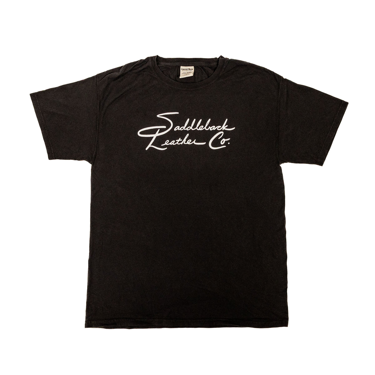 Signature T-Shirt in Black with white Saddleback Leather Co. script logo across the chest, front view