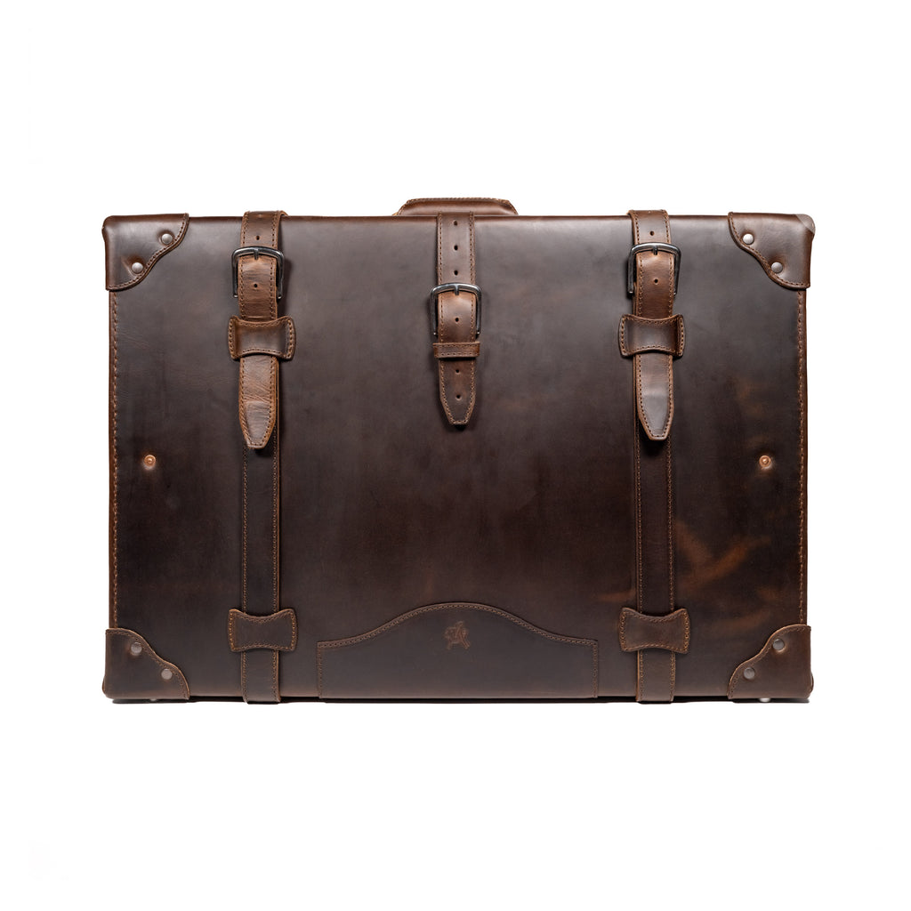 Grandfather Suitcase in Dark Coffee Brown, front view with three buckle straps and riveted corner caps