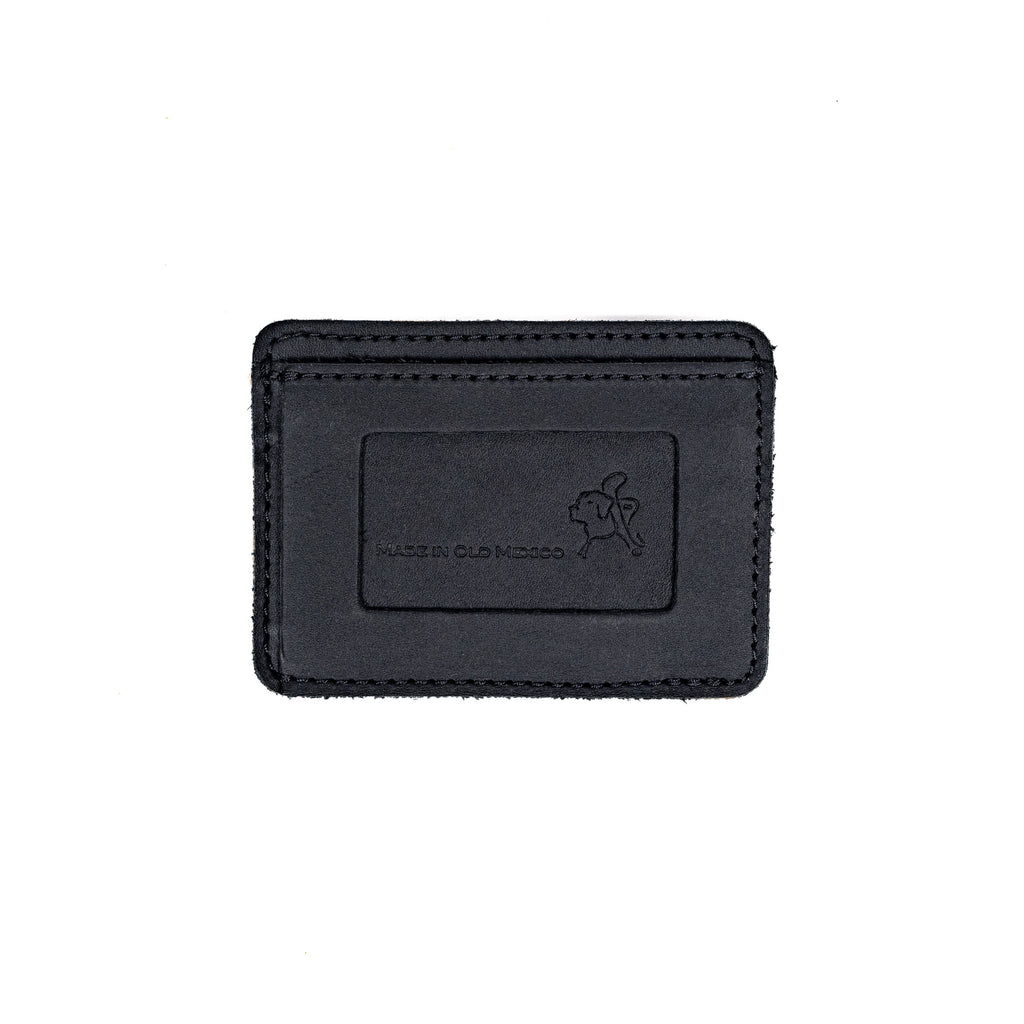 Front Pocket Leather ID Wallet in Black, back view with stamped panel and emblem