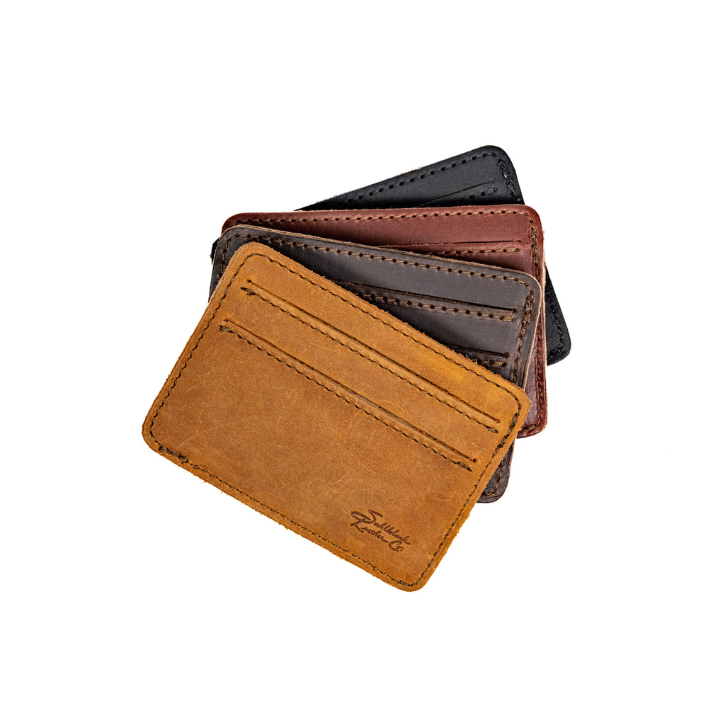 Four Front Pocket Leather ID Wallets fanned out in Tobacco, Dark Coffee Brown, Chestnut and Black