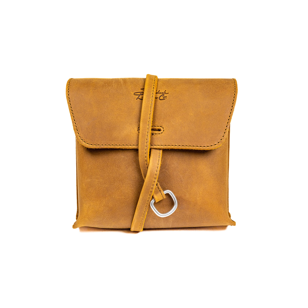 Leather Organizer Bag in Tobacco, straight-on front view with flap closure and strap looped through a metal ring