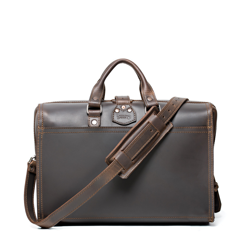Barrister's Briefcase in Dark Coffee Brown, back view with top handles and padded shoulder strap across the front