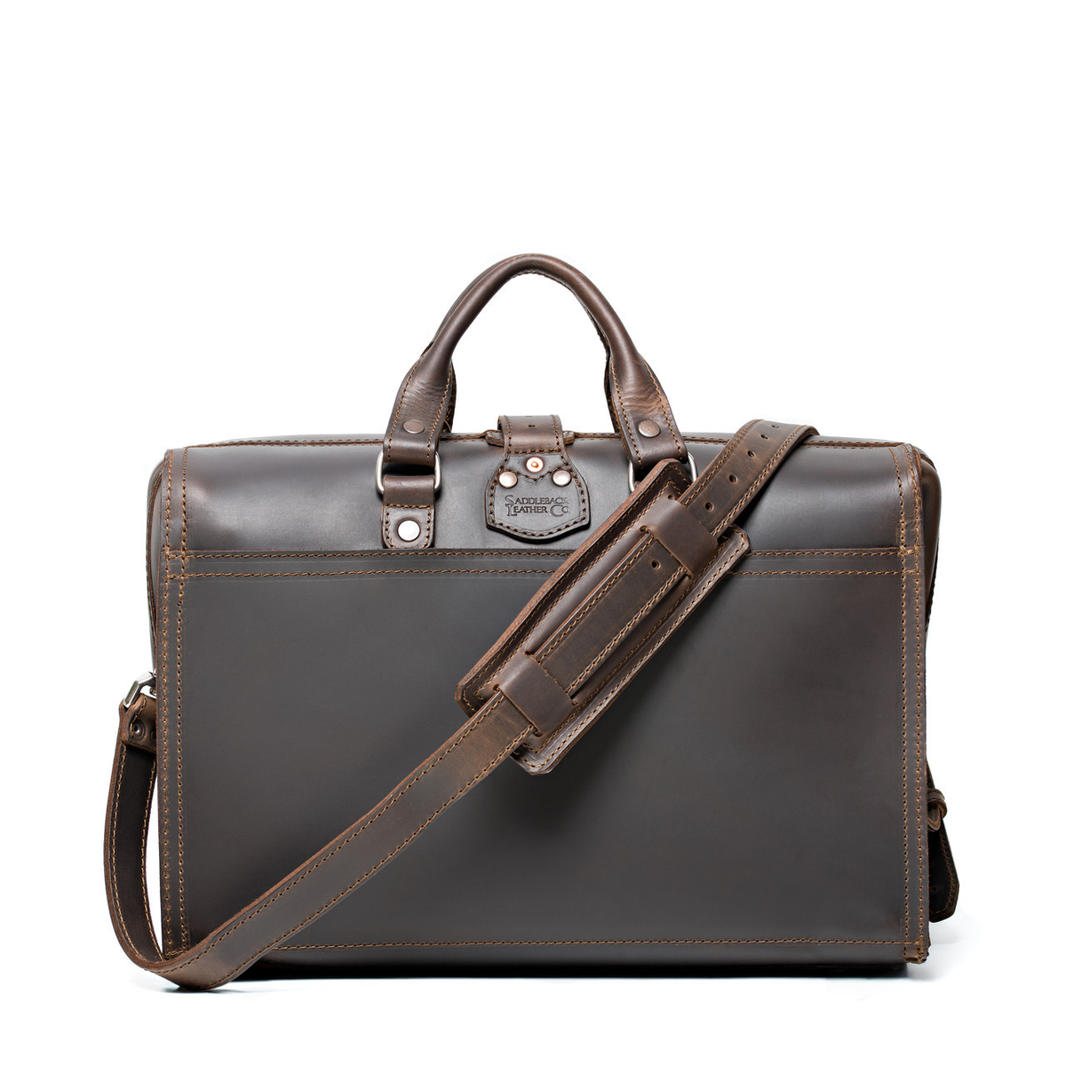 Barrister's Briefcase in Dark Coffee Brown, back view with top handles and padded shoulder strap across the front