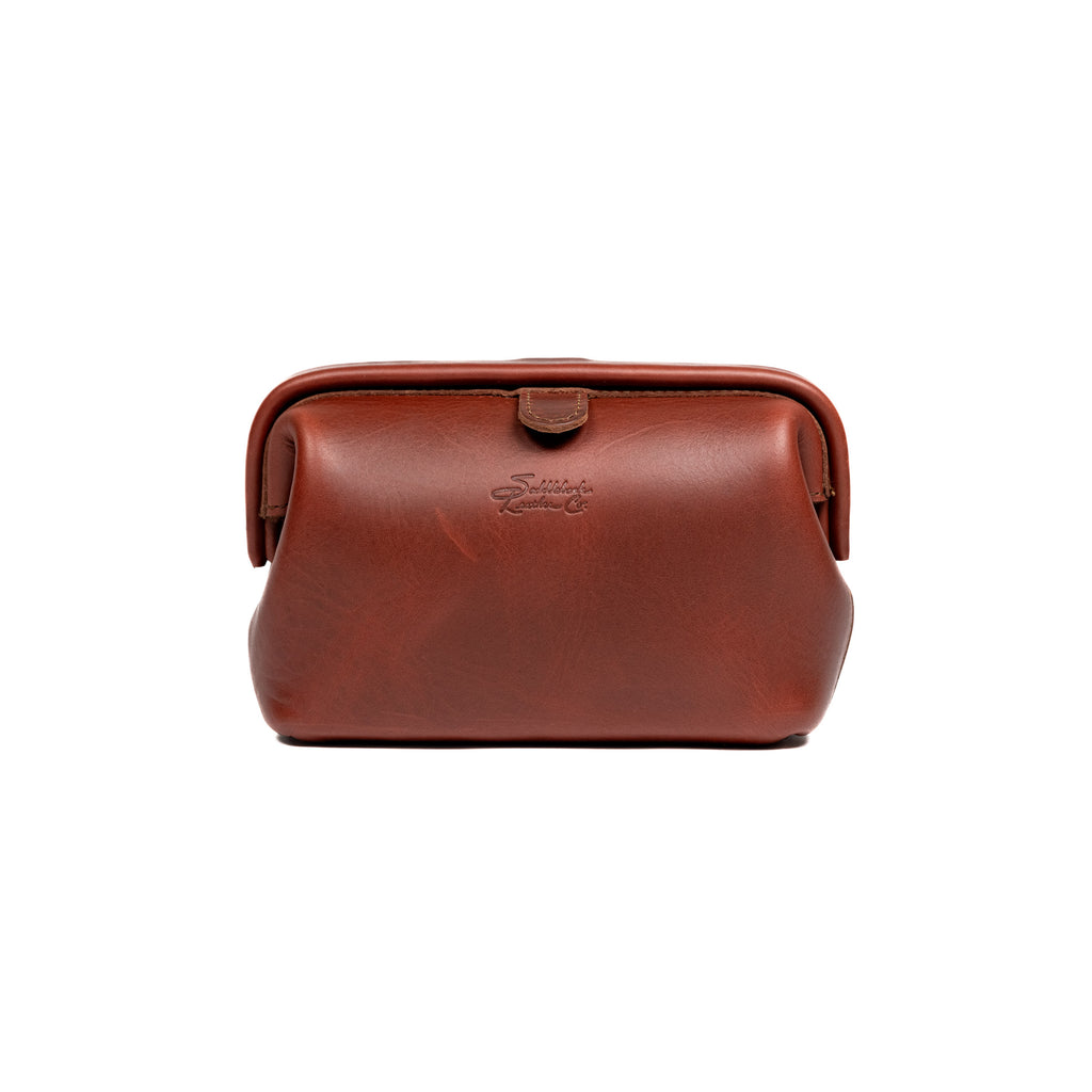 Big Mouth Organizer in Chestnut, wide-mouth leather bag with snap tab and embossed logo, front view