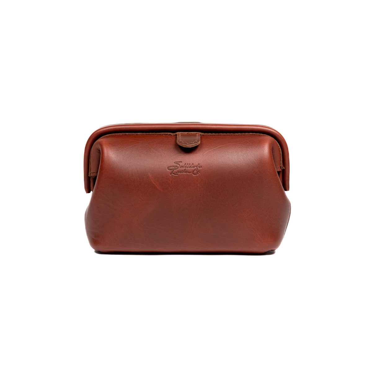 Big Mouth Organizer in Chestnut, wide-mouth leather bag with snap tab and embossed logo, front view