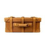 Grandfather Carry On in Tobacco, top view showing the leather carry handle and strap keepers