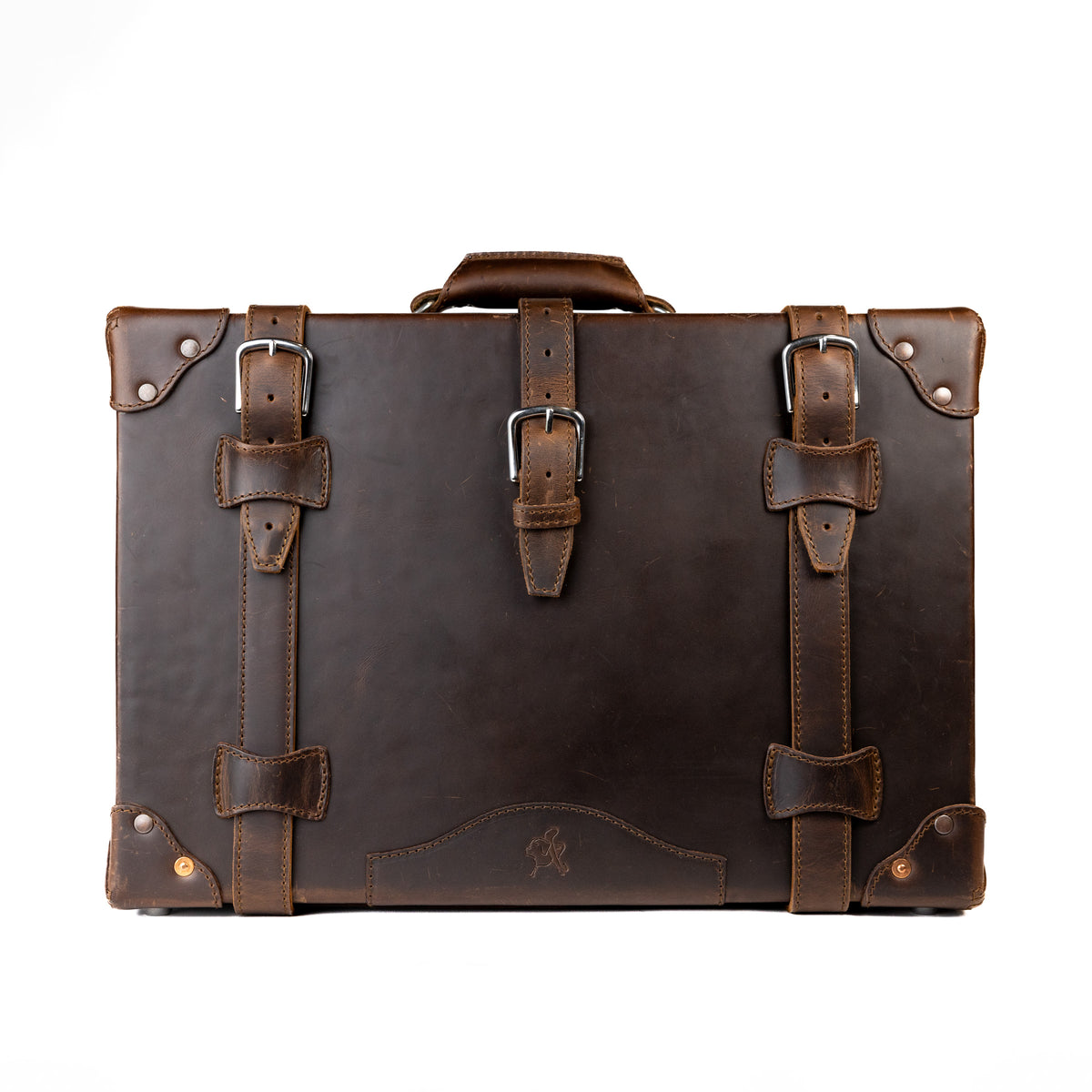 Grandfather Carry On in Dark Coffee Brown, front view with three buckle straps and riveted corner caps