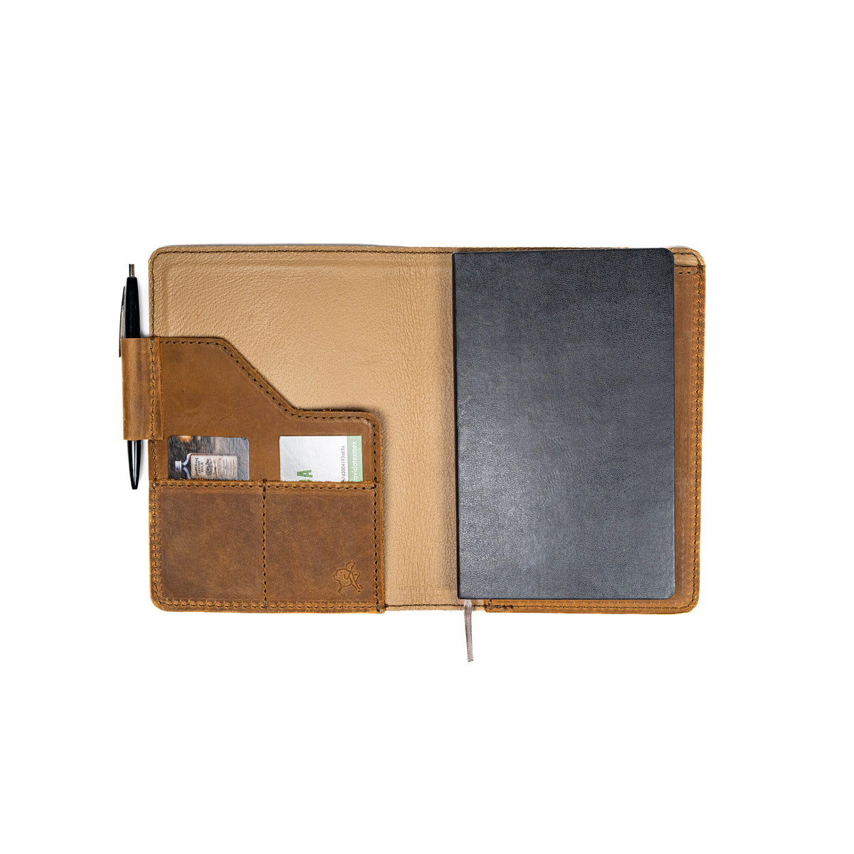 Leather Journal Cover - Arizona Diamondbacks in Tobacco, open with a black notebook, pen and cards inside
