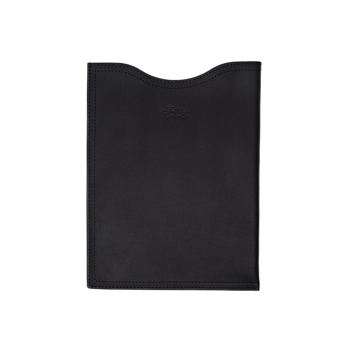 14" Vertical Laptop Sleeve in Black, front view with curved top opening and logo